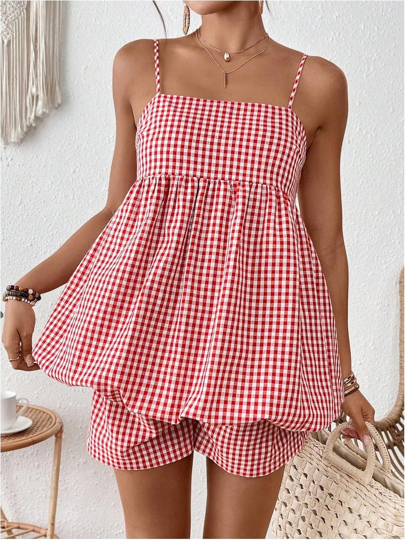 SweatyRocks Women's Maternity 2 Piece Outfits Plaid Peplum Bubble Cami Top and Shorts Sets - Image 4